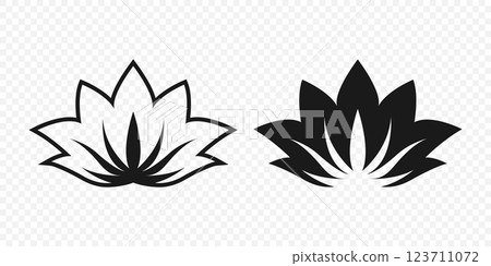 Flat Single Color Vector Lotus Flower Icon Set. Monochrome Floral Symbol. Lotus Silhouette Design for Yoga and Spa Logo. Botanical and Nature Emblem Set. Elegant Flower Clipart 123711072