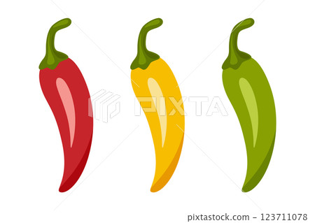 Chili Peppers Vector Set, Isolated. Red, Yellow, Green Hot Peppers, Spicy Food Ingredients, Mexican Cuisine, Fresh Organic Vegetables. Vector Illustration for Food Design 123711078