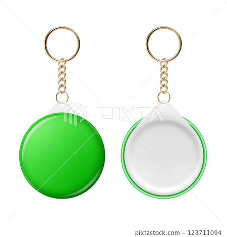Vector 3d Realistic Round Keychain, Design Template for Printing, Mockup. Round Blank Keychain Design Element for Promo, Souvenir, Prints or Logos. ID Badge Vector Illustration, Front, Back Side View Vector 3d Realistic Round Keychain, Design Template for Printing, Mockup. Round Blank Keychain Design Element for Promo, Souvenir, Prints or Logos. ID Badge Vector Illustration, Front, Back Side View 123711094