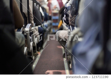The interior of an airplane with passengers sitting on the seats. A male steward delivers food. Passengers sit along the row on the plane. The concept of travel. High quality photo The interior of an airplane with passengers sitting on the seats. A male steward delivers food. Passengers sit along the row on the plane. The concept of travel. High quality photo 123711190