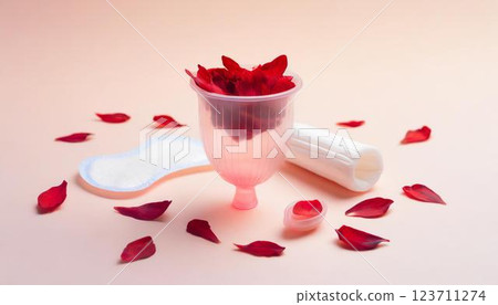 3D illustration of sanitary napkins, tampons, menstrual cups and other sanitary products lined up 123711274