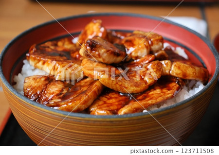 Pork bowl topped with pork grilled in sauce 123711508
