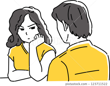 A woman resting her chin on her hand and glaring at a man 123711522