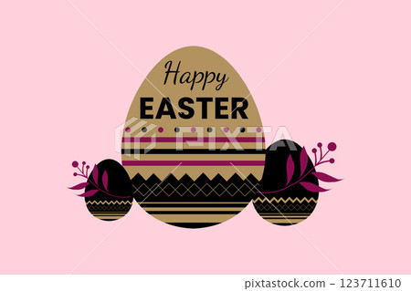 Modern Happy Easter Greeting Card with Stylish Decorative Eggs and Floral Accents on a Pink 123711610