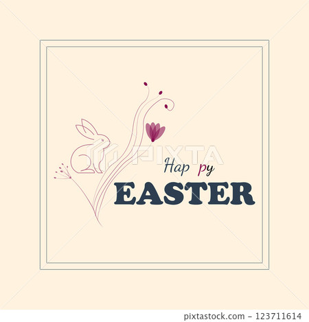 Elegant Happy Easter Card with Minimalist Bunny and Floral Elements on a Beige Background 123711614