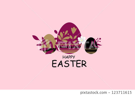 Elegant Happy Easter Greeting Card with Decorative Eggs and Floral Elements on a Pink 123711615