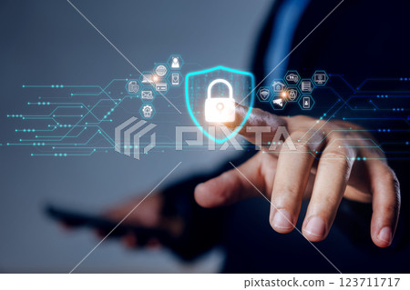 Cybersecurity and privacy concepts to protect data. Business Finger press on lock icon and internet network security technology. Virtual screen interfaces. cyber security. 123711717