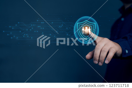 Human hand with family love care and holding shield guard protective gesture family. Life insurance concept. Human hand with family love care and holding shield guard protective gesture family. Life insurance concept. 123711718