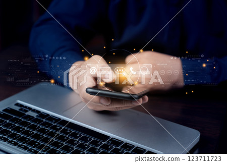 Contact us or the customer support hotline to connect. Businessman touching on virtual screen contact icons. Connecting line, email, AI chat, internet. 123711723