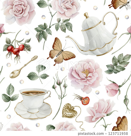 Tea set, wild rose hip pink flowers and red berries with brown butterflies. Watercolor hand painted floral seamless pattern on white background for lovely textile, whimsical fabrics, wrapping paper 123711938