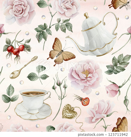 Tea set, wild rose hip pink flowers and red berries with brown butterflies. Watercolor hand painted floral seamless pattern on pale pink background for lovely textile, whimsical fabric, wrapping paper Tea set, wild rose hip pink flowers and red berries with brown butterflies. Watercolor hand painted floral seamless pattern on pale pink background for lovely textile, whimsical fabric, wrapping paper 123711942