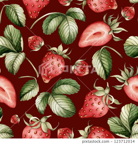 Strawberry with leaves. Watercolor food floral seamless pattern on dark burgundy background with garden berry for delicious summer fabric, kitchen table textile, cute wrapping paper, cosmetic package Strawberry with leaves. Watercolor food floral seamless pattern on dark burgundy background with garden berry for delicious summer fabric, kitchen table textile, cute wrapping paper, cosmetic package 123712014