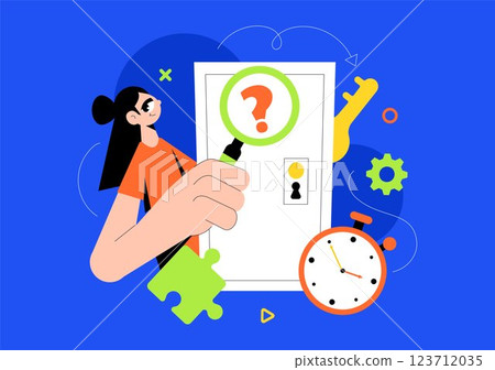 Escape Room Vector Illustration featuring People Solving Puzzles, Searching for Keys, Escaping Traps, and Finding Solutions to Challenging Questions 123712035