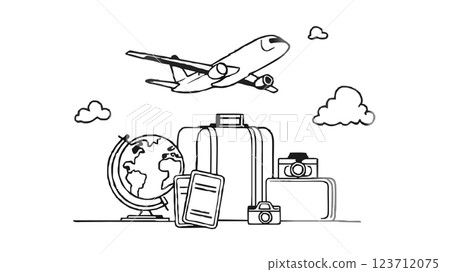 Coloring page with the image of Airport travel with luggage and airplane in the background 123712075