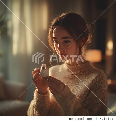 Woman drinking hot drink in the room 123712144