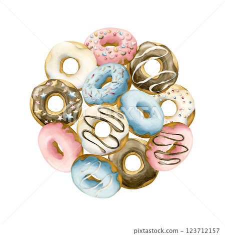 Donuts round arrangement. White, blue, pink and chocolate glaze doughnuts with colorful pastry sprinkle . Watercolor hand painted food illustration isolated on white background confectionery design Donuts round arrangement. White, blue, pink and chocolate glaze doughnuts with colorful pastry sprinkle . Watercolor hand painted food illustration isolated on white background confectionery design 123712157