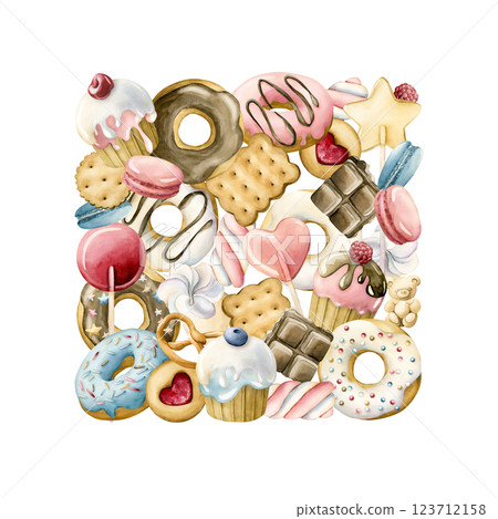 Cute sweet food desserts square arrangement. Watercolor hand painted isolated illustration for confectionery, kids birthday party, delicious poster, card, invitation, yummy package, wrapping paper Cute sweet food desserts square arrangement. Watercolor hand painted isolated illustration for confectionery, kids birthday party, delicious poster, card, invitation, yummy package, wrapping paper 123712158