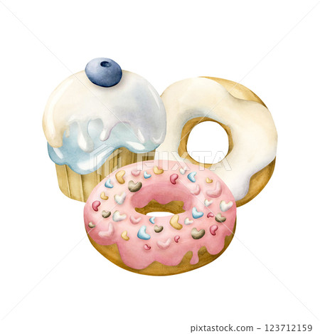 Cute cupcake with blueberry and donuts. Watercolor hand painted food illustration isolated on white background for kids birthday design, baby shower party invitations, nursery children clothes fabric 123712159