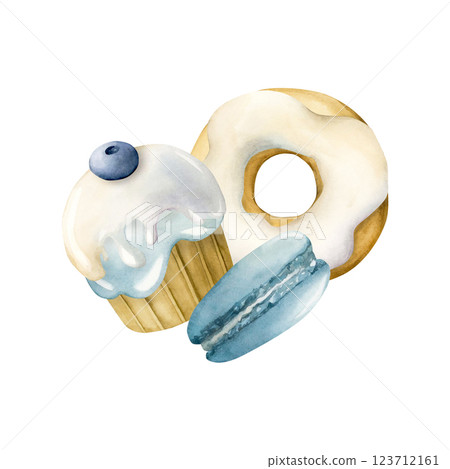 Cute cupcake with blueberry, donut and macaroon. Watercolor hand painted food illustration isolated on white background for kids birthday design, baby shower party invitations, nursery clothes fabric Cute cupcake with blueberry, donut and macaroon. Watercolor hand painted food illustration isolated on white background for kids birthday design, baby shower party invitations, nursery clothes fabric 123712161