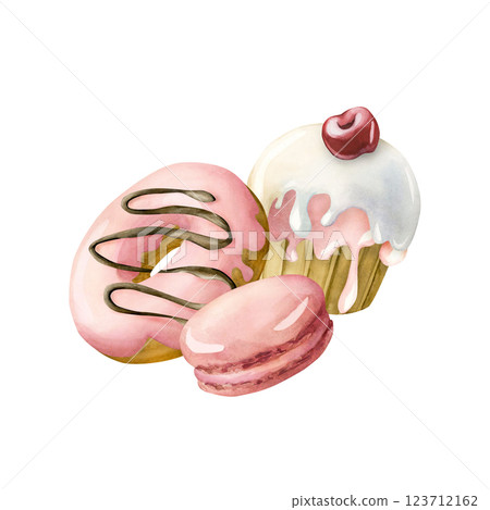 Cute cupcake with cherry, donut and macaroon. Watercolor hand painted food illustration isolated on white background for kids birthday design, baby shower party invitations, nursery clothes fabric Cute cupcake with cherry, donut and macaroon. Watercolor hand painted food illustration isolated on white background for kids birthday design, baby shower party invitations, nursery clothes fabric 123712162