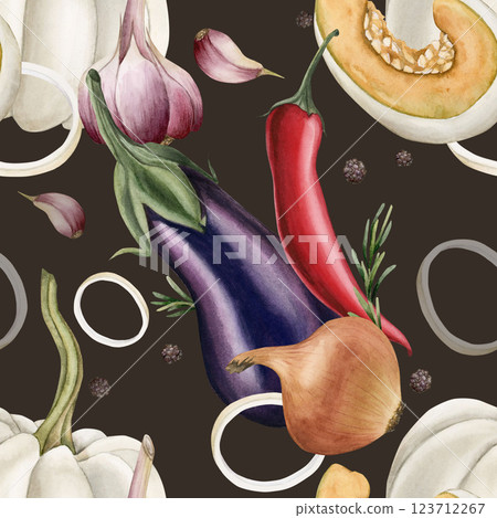 Eggplant, red chili pepper, onion, pumpkin and garlic. Fresh vegetables. Watercolor food seamless pattern on dark background for kitchen table textile, delicious fabric, food package, wrapping paper 123712267