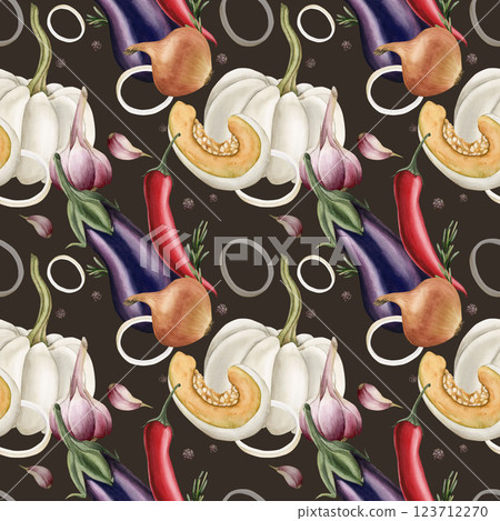 Eggplant, red chili pepper, onion, pumpkin and garlic. Fresh vegetables. Watercolor food seamless pattern on dark background for kitchen table textile, delicious fabric, food package, wrapping paper 123712270