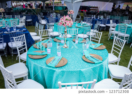 wedding table decorated with flowers 123712308