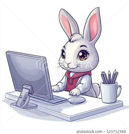 Motivated bunny working hard on big project at desk 123712368