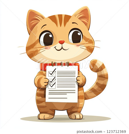 Cute cat holding checklist, focused on work and motivation 123712369