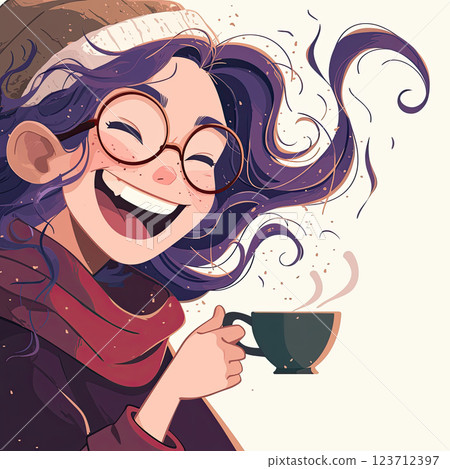 Happy girl with glasses enjoying warm coffee break, smiling joyfully Happy girl with glasses enjoying warm coffee break, smiling joyfully 123712397