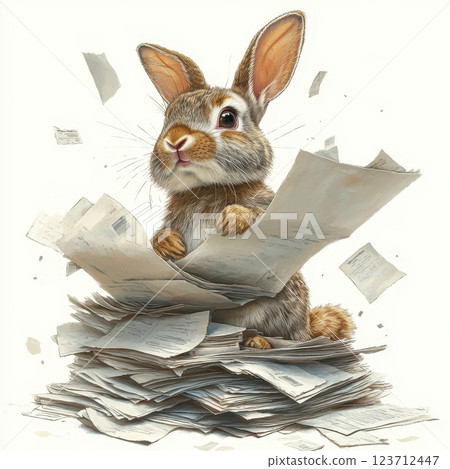 Overworked rabbit surrounded by piles of paperwork, feeling stressed Overworked rabbit surrounded by piles of paperwork, feeling stressed 123712447