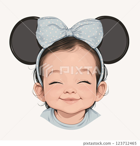 Happy baby with bear like ears and bow, smiling joyfully 123712465