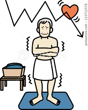 Illustration of an elderly man suffering from heat shock in a changing room 123712578
