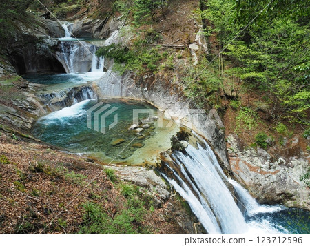Nishizawa Valley and Nanakama Godan Falls in spring 123712596