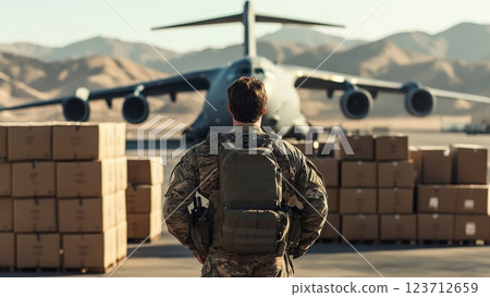 Back view of soldiers waiting at a military base 123712659