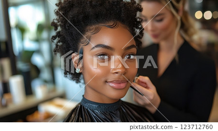 Young Black Woman Receiving Makeup Application in Salon Setting. Concepts include Beauty, Cosmetics, Makeup Artistry, Professional Services, Self Care, and Confidence 123712760