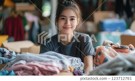 Young Asian woman smiling while packing clothes into cardboard boxes for donation or relocation. Concept of charity, moving, and organization. 123712761