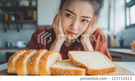 Young Asian woman looking at bread with a worried expression, concept for gluten intolerance, celiac disease, or dieting. 123712813