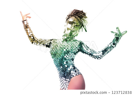 Dancer showcases vibrant performance in shiny, reflective outfit at event 123712838