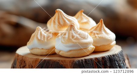 Golden brown meringue cookies on wooden slab, crisp outside and soft inside 123712896