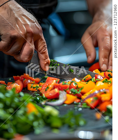 colorful vegetable stir-fry being prepared on a pan 123712960