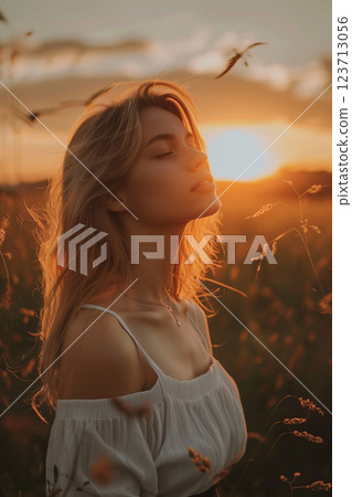 Portrait of calm happy smiling free woman with closed eyes Portrait of calm happy smiling free woman with closed eyes 123713056