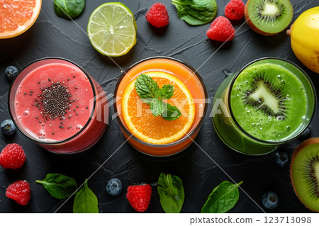 Vegetable and fruit smoothies in glasses, top view 123713098