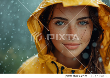 Happy girl in a yellow raincoat walks in the rain 123713099
