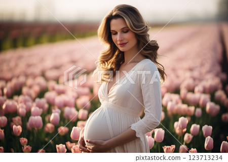 Man and woman holding pregnant bump expecting baby. Happy family hands on stomach closeup. 123713234