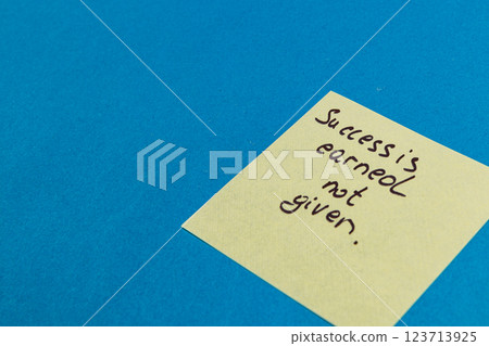 Inspirational quote on sticky note promotes hard work in achieving success Inspirational quote on sticky note promotes hard work in achieving success 123713925
