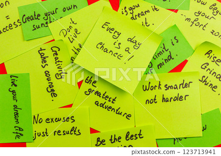 Inspiring sticky notes encouraging creativity and personal growth on a table Inspiring sticky notes encouraging creativity and personal growth on a table 123713941