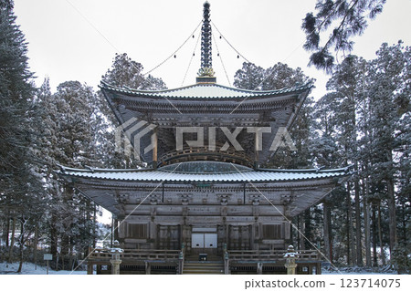 Snow falling on the West Pagoda of Mount Koya 123714075
