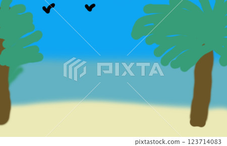 A child's drawing with an abstract image of a summer vacation in hot resort countries or states. Palm trees, beach sand, ocean, blue sky, and silhouettes of flying birds are depicted 123714083