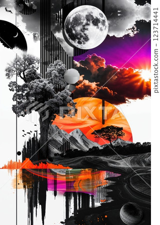 Surreal Landscape with Neon Colors, Black and White Elements, Retro 80s Vibes 123714441